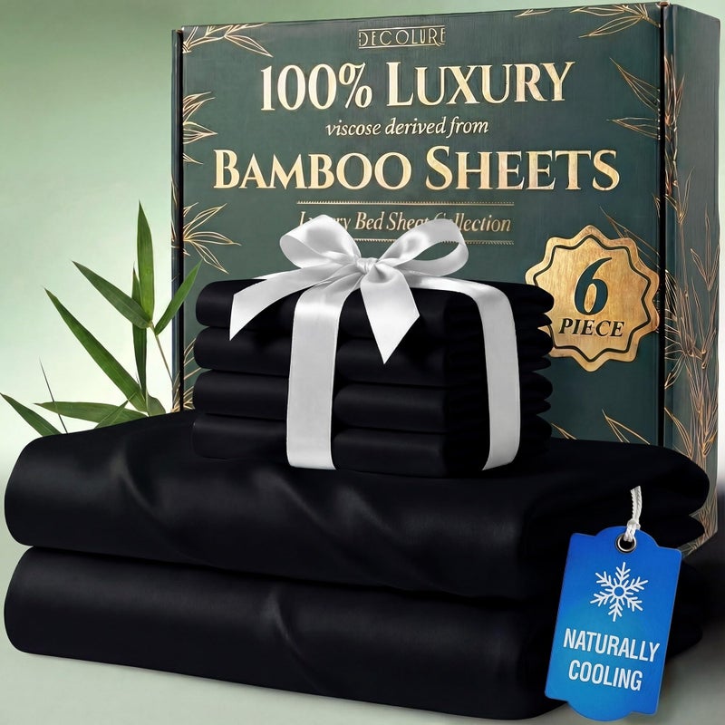 DECOLURE 100% Viscose Derived from Bamboo Sheets King Size - Luxury 6 Pc Naturally Cooling Sheets, Ultra Soft Bed Set - Deep 17" Pockets, Durable Double Stitching, Oeko Tex Standard (Black) - Image 1