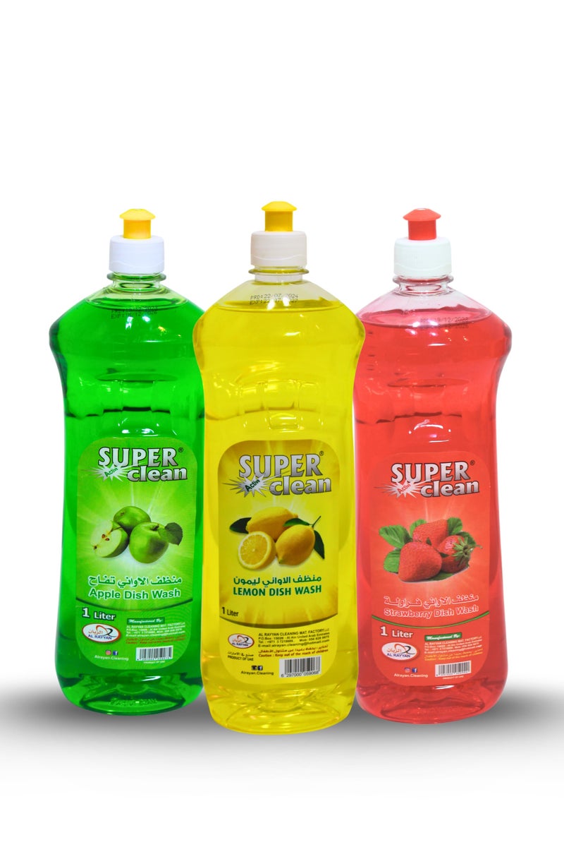 سوبر كلين سائل غسيل الصحون سوبركلين 1 لتر – عرض 3 في 1 (تفاح، ليمون، فراولة) | إزالة الدهون القوية | منظف الأطباق والمطبخ - Image 1