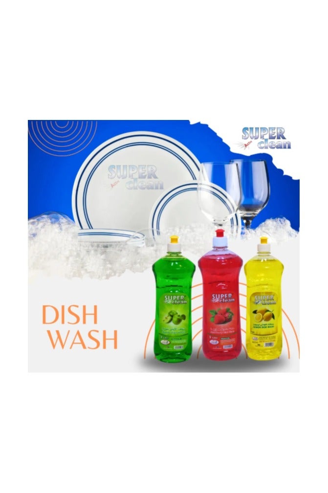 سوبر كلين سائل غسيل الصحون سوبركلين 1 لتر – عرض 3 في 1 (تفاح، ليمون، فراولة) | إزالة الدهون القوية | منظف الأطباق والمطبخ - Image 3