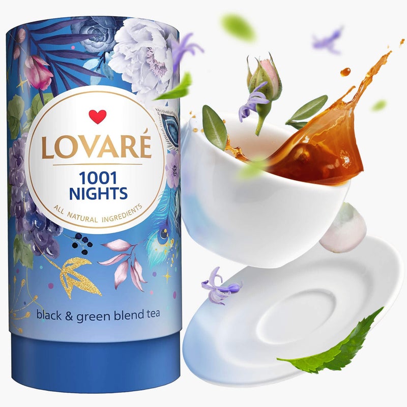LOVARE شاي لوفاري 1001 ليلة أوراقLoose 80 جرام - صنع في أوكرانيا - شاي أسود وأخضر، تفاح، زهور الذرة، زهور القطيفة، ورد، بتلات القرطم، براعم الورد - صندوق هدايا مع 15 فلتر ورقي - Image 1