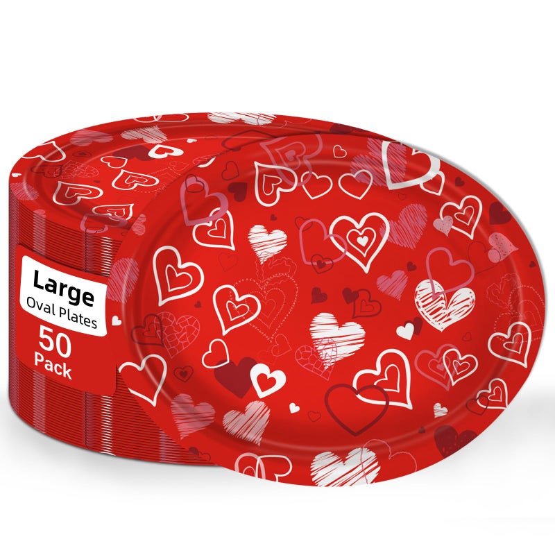 VEIZEDD 50 Pack Oval Valentine's Day Plates 12 x 10 Inch Valentine's Day Paper Plates Heavy Duty - Large Disposable Dinner Platters, Red Pink & White Heart Valentines Day Party Supplies - Image 1