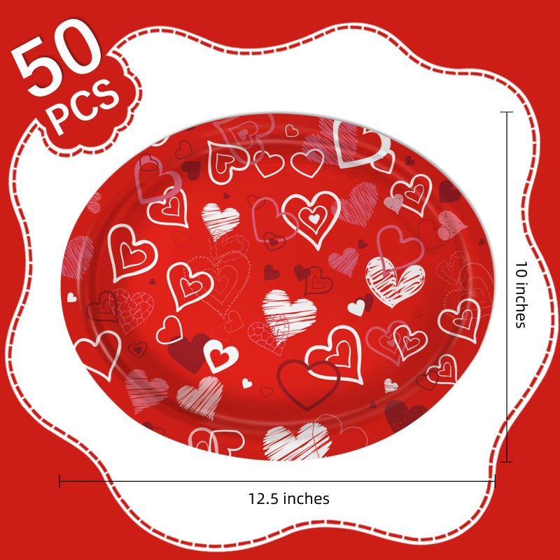 VEIZEDD 50 Pack Oval Valentine's Day Plates 12 x 10 Inch Valentine's Day Paper Plates Heavy Duty - Large Disposable Dinner Platters, Red Pink & White Heart Valentines Day Party Supplies - Image 2