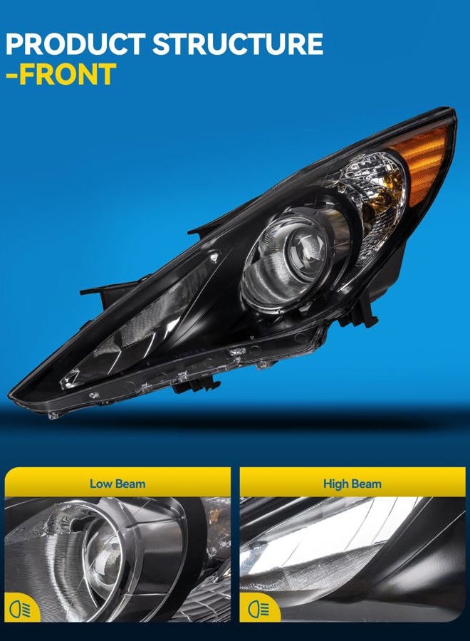 PHILTOP Headlight Assembly for 2011 2012 2013 2014 Hyundai Sonata, Black Housing with Amber Reflector & Clear Lens, Halogen Headlamp OE Replacement Driver & Passenger Side - Image 3