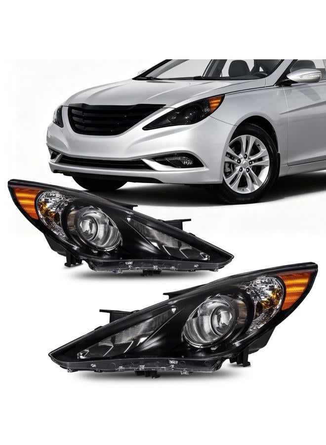 PHILTOP Headlight Assembly for 2011 2012 2013 2014 Hyundai Sonata, Black Housing with Amber Reflector & Clear Lens, Halogen Headlamp OE Replacement Driver & Passenger Side - Image 1