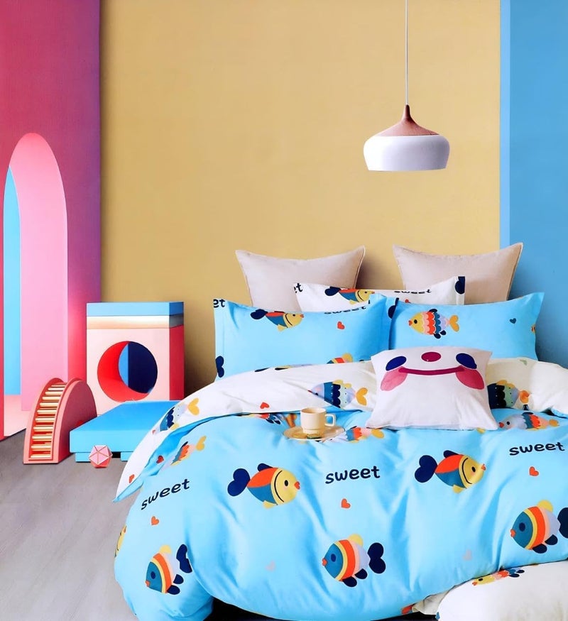 PRISCILLA Kids AC Comforter Set with Matching Bedsheet & 2 Pillow Covers (4 Pcs Bedding Set) for Double Bed, Glace Cotton (200 GSM, 400 TC) Cartoon Print, Reversible, All Seasons, 90x100 Inches, D3 - Image 1