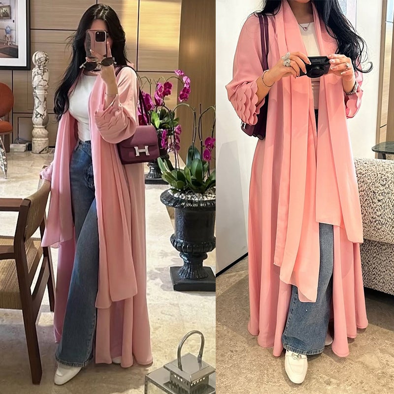 كارديجان نسائي بلون سادة من الشيفون لصيف محتشم - Image 1