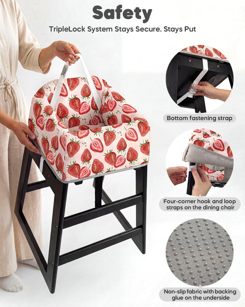 Mamatepe Baby High Chair Cover with Strap Pads & 2-Point Harness - Machine Washable, Waterproof, Portable for Restaurant/Travel/Home - Fits Wooden High Chairs, Red Strawberry - Image 4