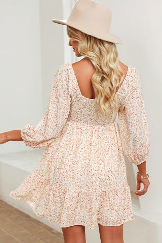 Dokotoo Womens Dresses 2025 Early Fall Fashion Vintage Boho Floral 3/4 Sleeve Square Neck Smocked A-Line Flowy Swing Babydoll Mini Sun Cute Dress Western Outfit Sundress Beach Vacation Beige Large - Image 5