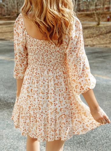 Dokotoo Womens Dresses 2025 Early Fall Fashion Vintage Boho Floral 3/4 Sleeve Square Neck Smocked A-Line Flowy Swing Babydoll Mini Sun Cute Dress Western Outfit Sundress Beach Vacation Beige Large - Image 3
