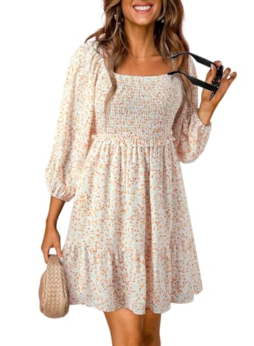 Dokotoo Womens Dresses 2025 Early Fall Fashion Vintage Boho Floral 3/4 Sleeve Square Neck Smocked A-Line Flowy Swing Babydoll Mini Sun Cute Dress Western Outfit Sundress Beach Vacation Beige Large - Image 1