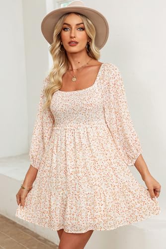 Dokotoo Womens Dresses 2025 Early Fall Fashion Vintage Boho Floral 3/4 Sleeve Square Neck Smocked A-Line Flowy Swing Babydoll Mini Sun Cute Dress Western Outfit Sundress Beach Vacation Beige Large - Image 4