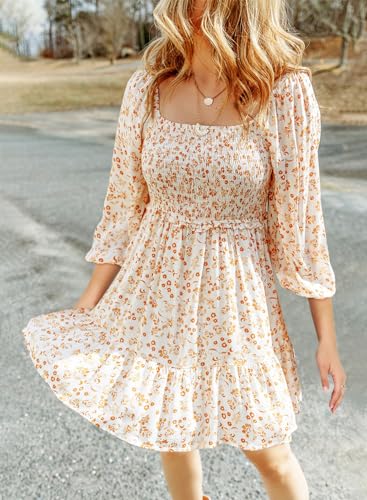 Dokotoo Womens Dresses 2025 Early Fall Fashion Vintage Boho Floral 3/4 Sleeve Square Neck Smocked A-Line Flowy Swing Babydoll Mini Sun Cute Dress Western Outfit Sundress Beach Vacation Beige Large - Image 2