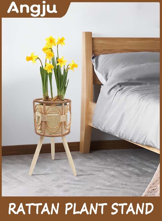 Angju Rattan Plant Stand, Wicker Plants Baskets Indoor, Handmade Woven Wooden Planter with Legs, Boho Style Hollow Flowers Display Rack Straw Standing Floor Stool Shelf for Pot Holder - Image 4