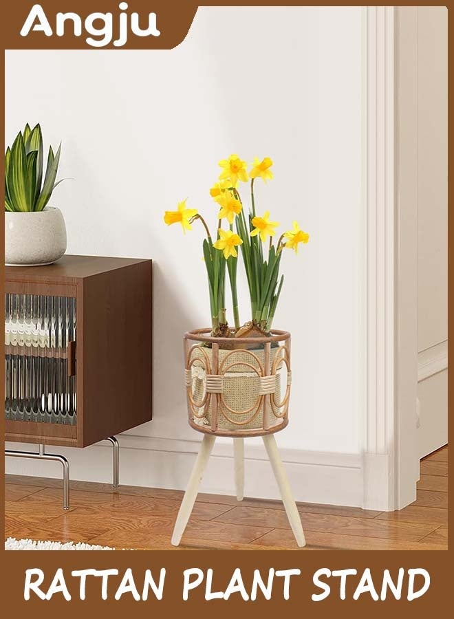 Angju Rattan Plant Stand, Wicker Plants Baskets Indoor, Handmade Woven Wooden Planter with Legs, Boho Style Hollow Flowers Display Rack Straw Standing Floor Stool Shelf for Pot Holder - Image 5