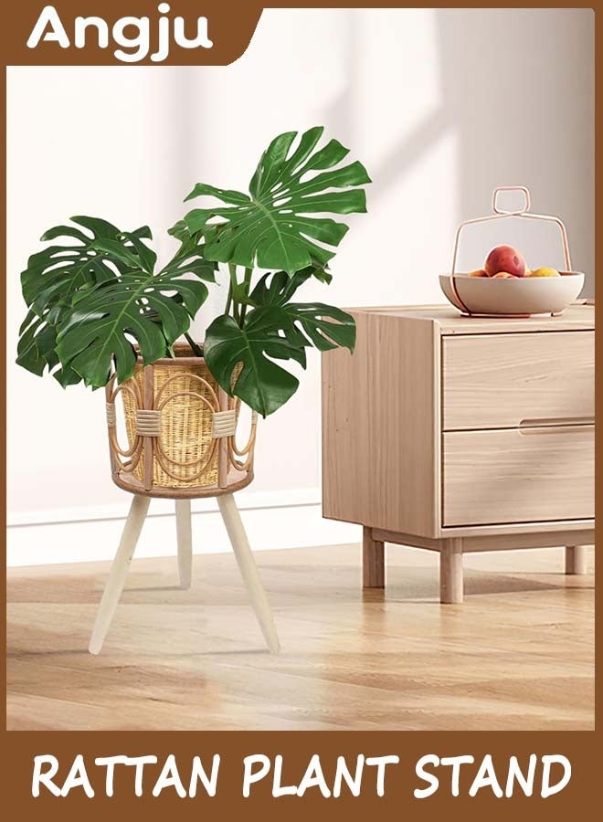 Angju Rattan Plant Stand, Wicker Plants Baskets Indoor, Handmade Woven Wooden Planter with Legs, Boho Style Hollow Flowers Display Rack Straw Standing Floor Stool Shelf for Pot Holder - Image 2