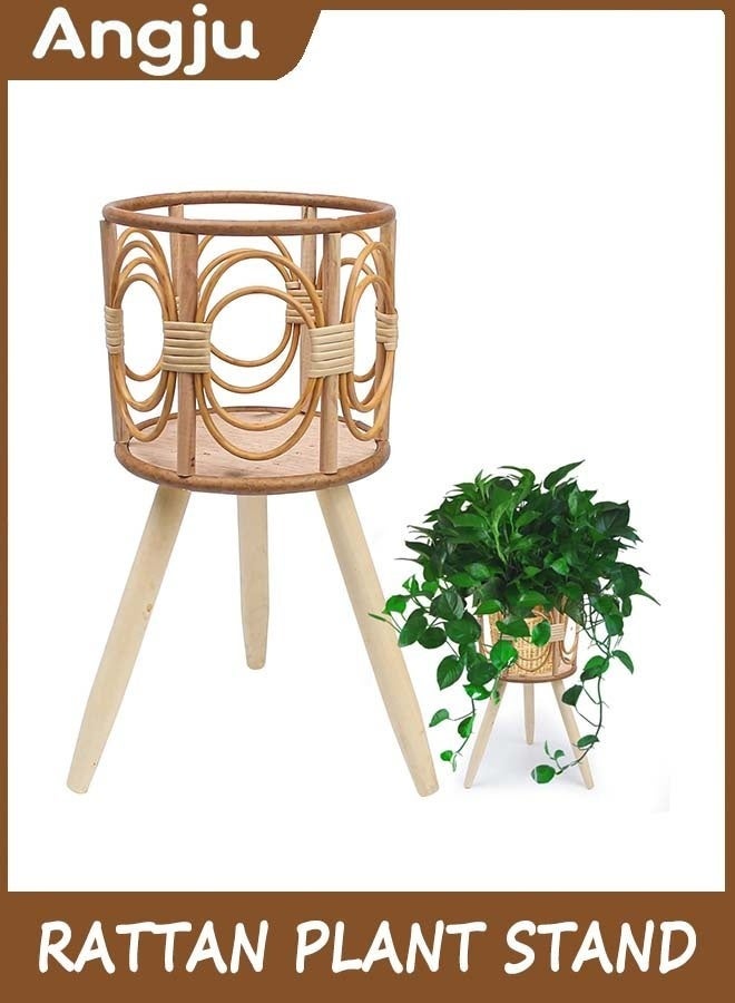 Angju Rattan Plant Stand, Wicker Plants Baskets Indoor, Handmade Woven Wooden Planter with Legs, Boho Style Hollow Flowers Display Rack Straw Standing Floor Stool Shelf for Pot Holder - Image 1