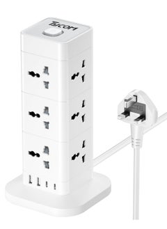 TYCOM Power Cord Strip Surge Protector with USB Type C Extension Cord Flat Plug with 12 AC Outlet and 2 USB 1 Type C Small Desktop Station Compact Socket 3 Tiers Grey and White.  - Image 1