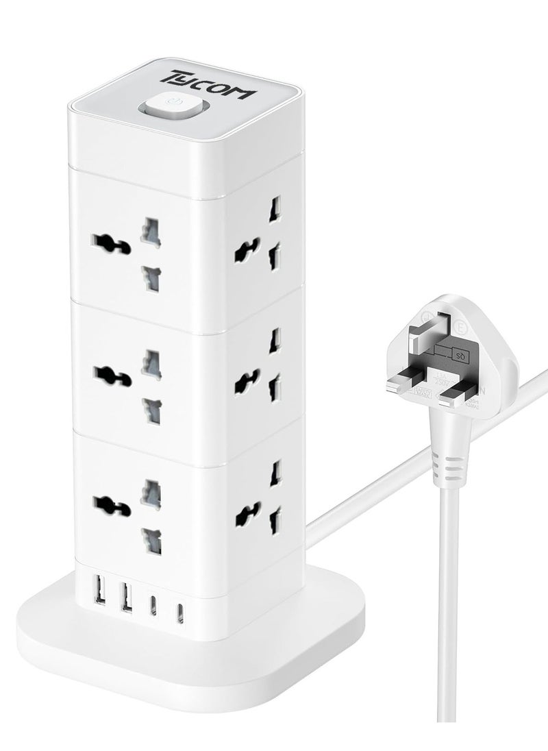 TYCOM Power Cord Strip Surge Protector with USB Type C Extension Cord Flat Plug with 12 AC Outlet and 2 USB 1 Type C Small Desktop Station Compact Socket 3 Tiers Grey and White.  - Image 1