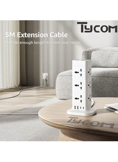 TYCOM Power Cord Strip Surge Protector with USB Type C Extension Cord Flat Plug with 12 AC Outlet and 2 USB 1 Type C Small Desktop Station Compact Socket 3 Tiers Grey and White.  - Image 5