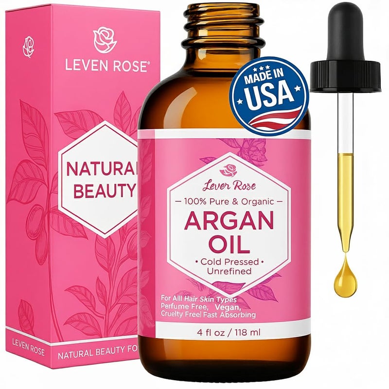 Leven Rose Organic Argan Oil for Hair, Face and Skin - 4 oz 100% Pure Moroccan Cold-Pressed Organic - Image 1