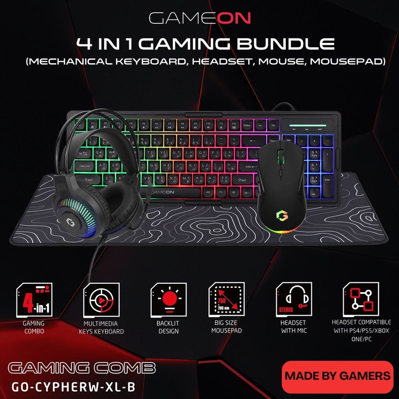 جايم أون مجموعة الألعاب المتكاملة GO-CYPHERW-XL-B: تتضمن لوحة مفاتيح بإضاءة RGB، وماوس ألعاب، وسماعة رأس ستيريو مزودة بميكروفون، ولوحة ماوس (Mouse Pad) كبيرة الحجم ومضادة للانزلاق. black - Image 2