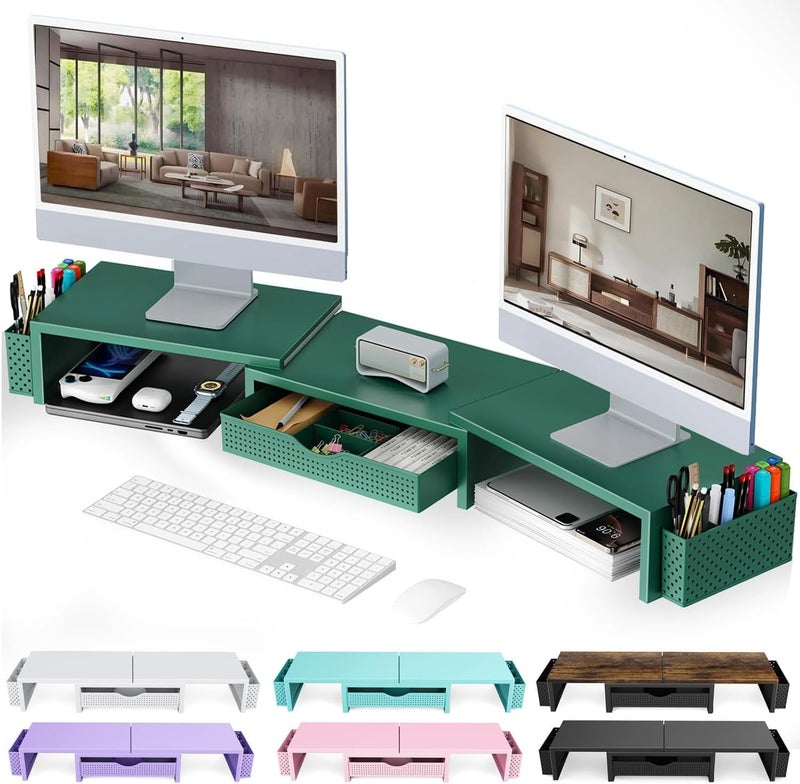 gianotter Dual Monitor Riser Stand, Desk Organizer with Drawer and 2 Pencil Holders, Monitor Stand for Desk, Office Decor Essentials (Green) - Image 1