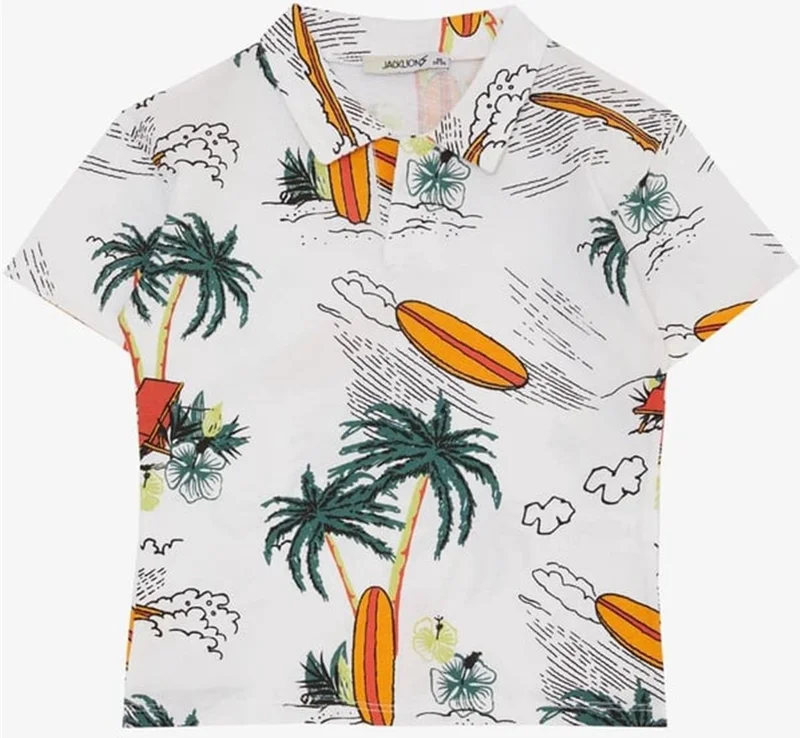 Jack Lions Boy's T-Shirt Summer Themed Palm Tree Patterned 1.5-5 Years Old, White