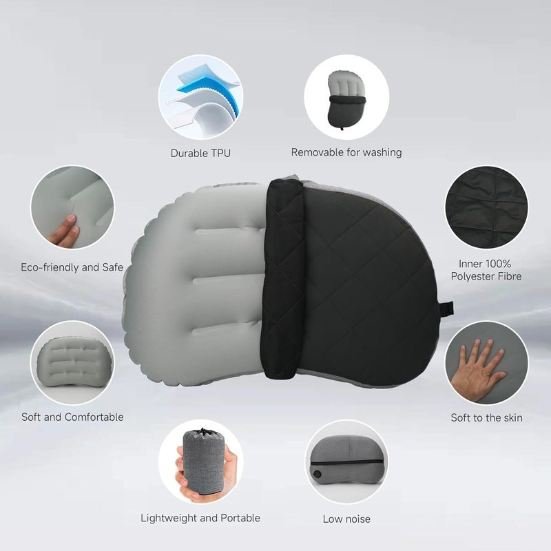 Ultralight Inflatable Camping Pillow with Removable Washable Cover – Compact, Portable Travel Neck Cushion with Adjustable Firmness for Hiking, Office, Airplane, Car & Beach Use (Black) - Image 3
