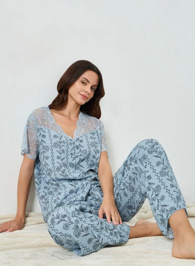 Styli Blue Floral Print Lace Trim Top and Pyjama Set