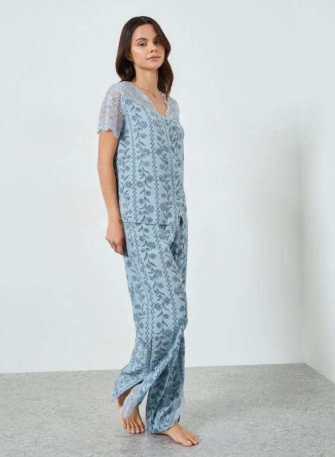 Styli Blue Floral Print Lace Trim Top and Pyjama Set