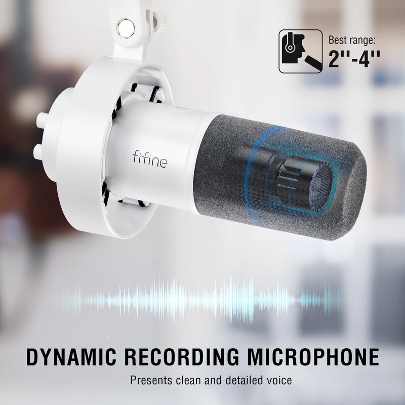 FIFINE ميكروفون ديناميكي FIFINE XLR للاستوديو، ميكروفون بودكاست USB للكمبيوتر للبث والتسجيل، ميكروفون صوتي XLR/USB مع خاصية كتم الصوت باللمس، زر التحكم في الصوت، مراقبة سماعات الرأس - أمبليتانك K688 أبيض - Image 2