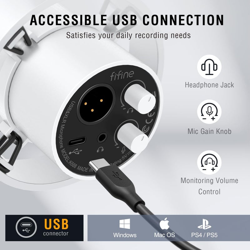 FIFINE ميكروفون ديناميكي FIFINE XLR للاستوديو، ميكروفون بودكاست USB للكمبيوتر للبث والتسجيل، ميكروفون صوتي XLR/USB مع خاصية كتم الصوت باللمس، زر التحكم في الصوت، مراقبة سماعات الرأس - أمبليتانك K688 أبيض - Image 4