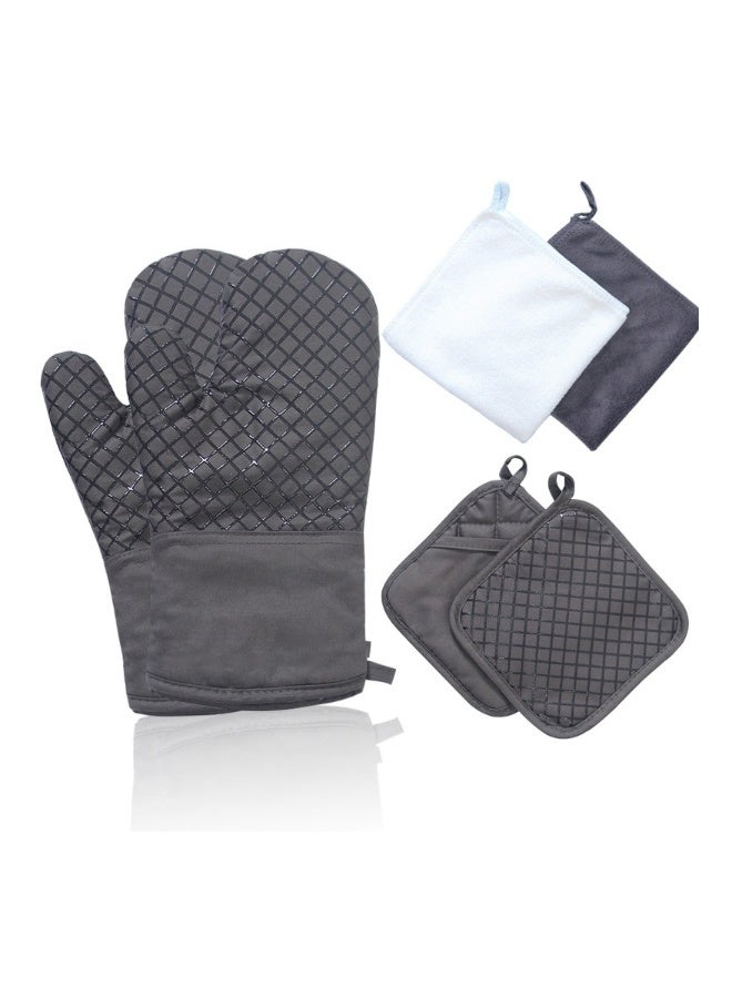 Oven Mitts and Pot Holders Sets, 550°F High Heat Resistant Oven Mitts with Kitchen Towels Thick Cotton Oven Gloves with Non-Slip Silicone for Cooking and Baking (6Pcs, Dark Gray Small Grid) - Image 2