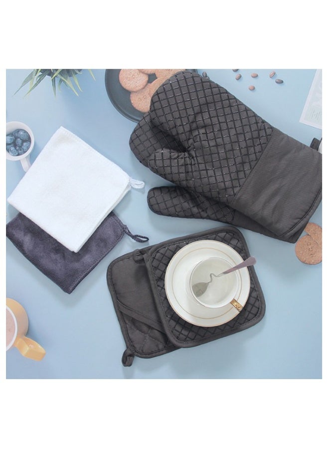 Oven Mitts and Pot Holders Sets, 550°F High Heat Resistant Oven Mitts with Kitchen Towels Thick Cotton Oven Gloves with Non-Slip Silicone for Cooking and Baking (6Pcs, Dark Gray Small Grid) - Image 1