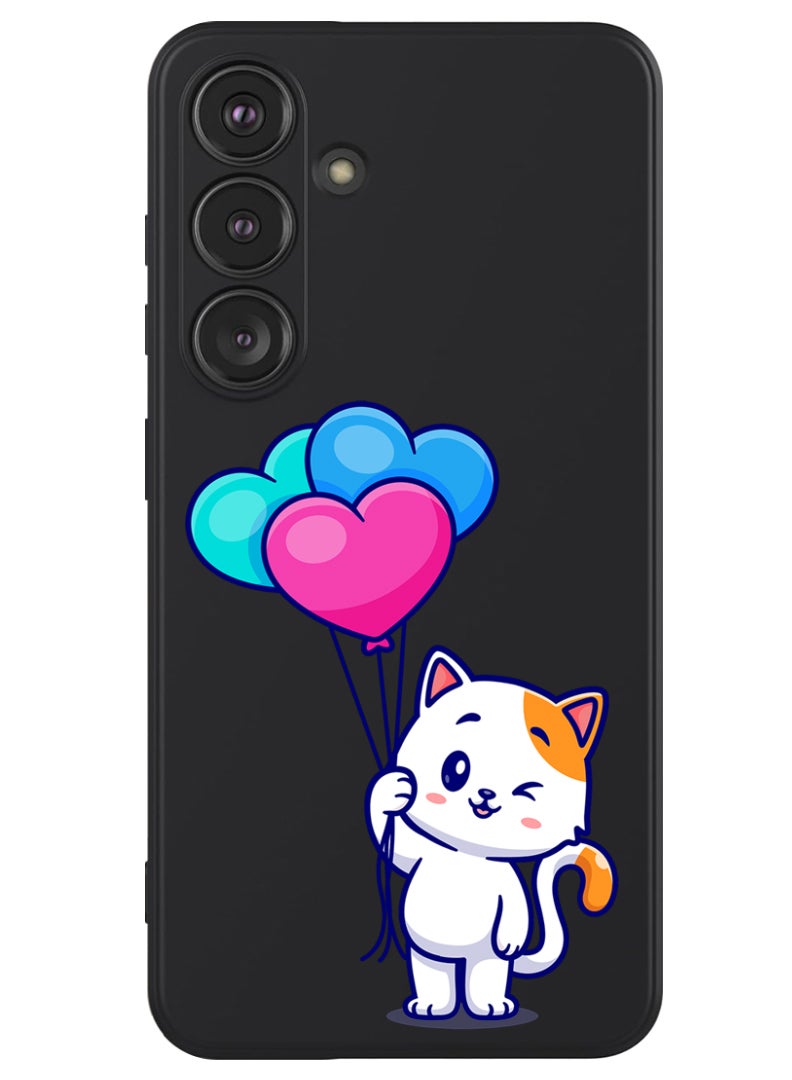 Theodor Protective Slim Fit Case Liquid Silicone Cover with Full Body Protection Anti-Scratch Shockproof Case For Samsung Galaxy S24 (Black) - Cat holding Baloons - Image 1