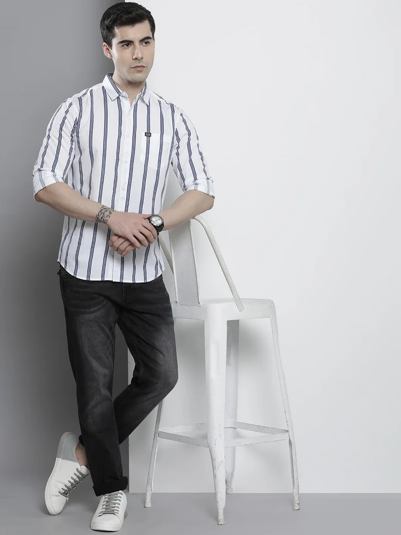 شركة المرآب الهندية Men Regular Fit Striped Full Sleeves Cutaway Collar Casual Shirt