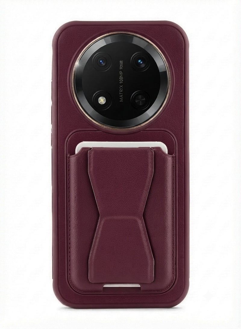 Leather back cover with card wallet Foldable Shockpoof Case compatible with honor X9C (Dark Red)