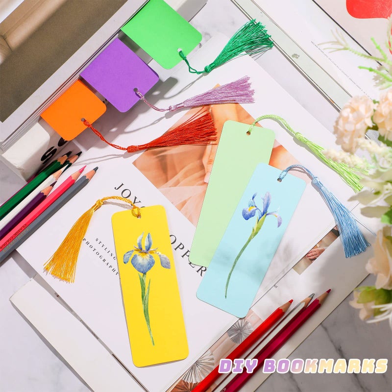 Sinmoe Blank Paper Bookmarks Cardstock Colorful Tassels Craft DIY Bookmarks Bulk for Classroom Projects Gifts Tags Crafts 1.89 x 5.51 Inch(240 Pcs) - Image 5