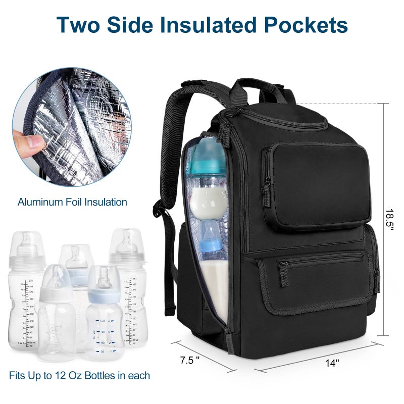 Mancro Diaper Bag Backpack, Multifunctional Dad Diaper Bag with 2 Side Insulated Pockets, Travel Water Resistant Baby Diaper Backpack for Men Women with Stroller Straps, Black - Image 3