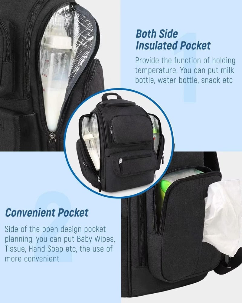 Mancro Diaper Bag Backpack, Multifunctional Dad Diaper Bag with 2 Side Insulated Pockets, Travel Water Resistant Baby Diaper Backpack for Men Women with Stroller Straps, Black - Image 4