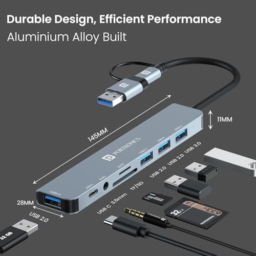 Portronics Mport 8 Plus Dual Plug 8-in-1 Docking Station/Hub with AUX, USB 3.0, microSD/SD Card Reader, Type-C Data, USB 2.0, Type-C and USB Plug for Laptop, Mac, PC (Grey) - Image 5