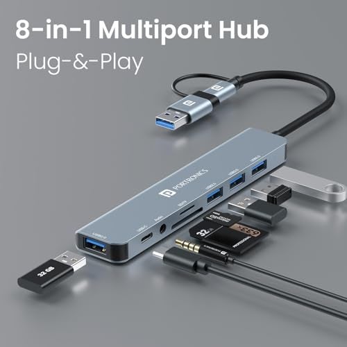 Portronics Mport 8 Plus Dual Plug 8-in-1 Docking Station/Hub with AUX, USB 3.0, microSD/SD Card Reader, Type-C Data, USB 2.0, Type-C and USB Plug for Laptop, Mac, PC (Grey) - Image 2