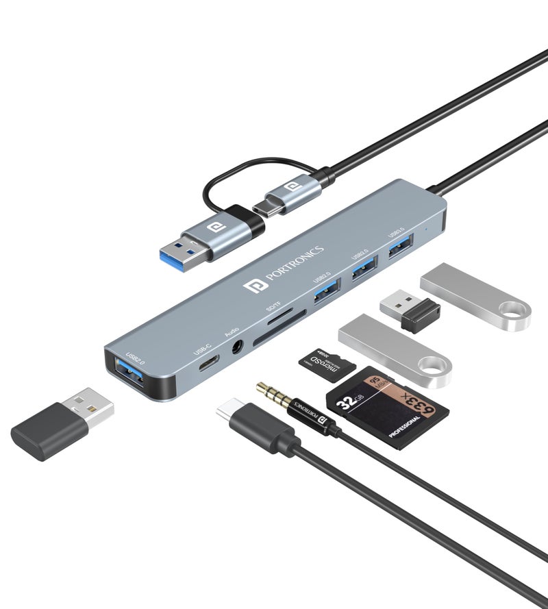Portronics Mport 8 Plus Dual Plug 8-in-1 Docking Station/Hub with AUX, USB 3.0, microSD/SD Card Reader, Type-C Data, USB 2.0, Type-C and USB Plug for Laptop, Mac, PC (Grey) - Image 1