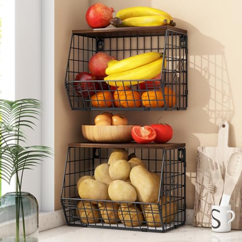 Mefirt 2pcs Fruit Basket Kitchen Storage Basket with Wood Lid, Stackable Wall Basket Fruit Basket for Kitchen, Countertop Organizer for Snack, Fruit and Veggie Storage, 11.8 x 7.9 x 8.5 Inch - Image 1