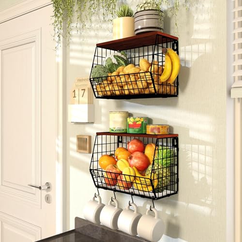 Mefirt 2pcs Fruit Basket Kitchen Storage Basket with Wood Lid, Stackable Wall Basket Fruit Basket for Kitchen, Countertop Organizer for Snack, Fruit and Veggie Storage, 11.8 x 7.9 x 8.5 Inch - Image 5