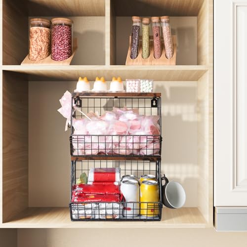 Mefirt 2pcs Fruit Basket Kitchen Storage Basket with Wood Lid, Stackable Wall Basket Fruit Basket for Kitchen, Countertop Organizer for Snack, Fruit and Veggie Storage, 11.8 x 7.9 x 8.5 Inch - Image 4