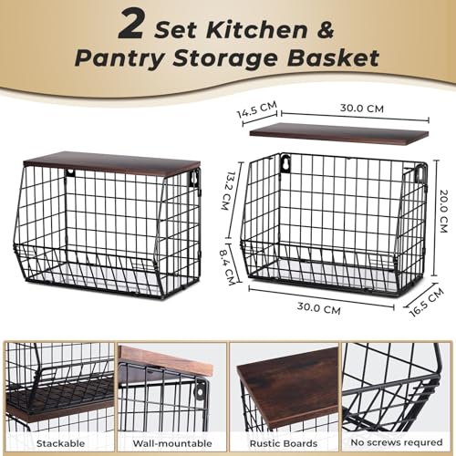 Mefirt 2pcs Fruit Basket Kitchen Storage Basket with Wood Lid, Stackable Wall Basket Fruit Basket for Kitchen, Countertop Organizer for Snack, Fruit and Veggie Storage, 11.8 x 7.9 x 8.5 Inch - Image 2