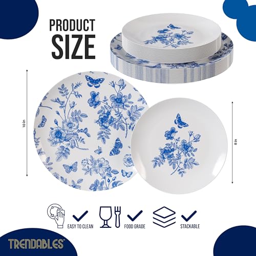 Trendables Disposable Plates For Party Supplies | Blue Floral Plastic Plates For Wedding 40 Pcs - 20 X 8" & 20 X 10" Dinner Plate Sets | Floral Plate Set Disposable Plastic Dinnerware Sets - Image 2