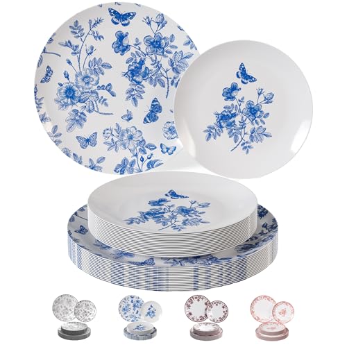 Trendables Disposable Plates For Party Supplies | Blue Floral Plastic Plates For Wedding 40 Pcs - 20 X 8" & 20 X 10" Dinner Plate Sets | Floral Plate Set Disposable Plastic Dinnerware Sets - Image 1