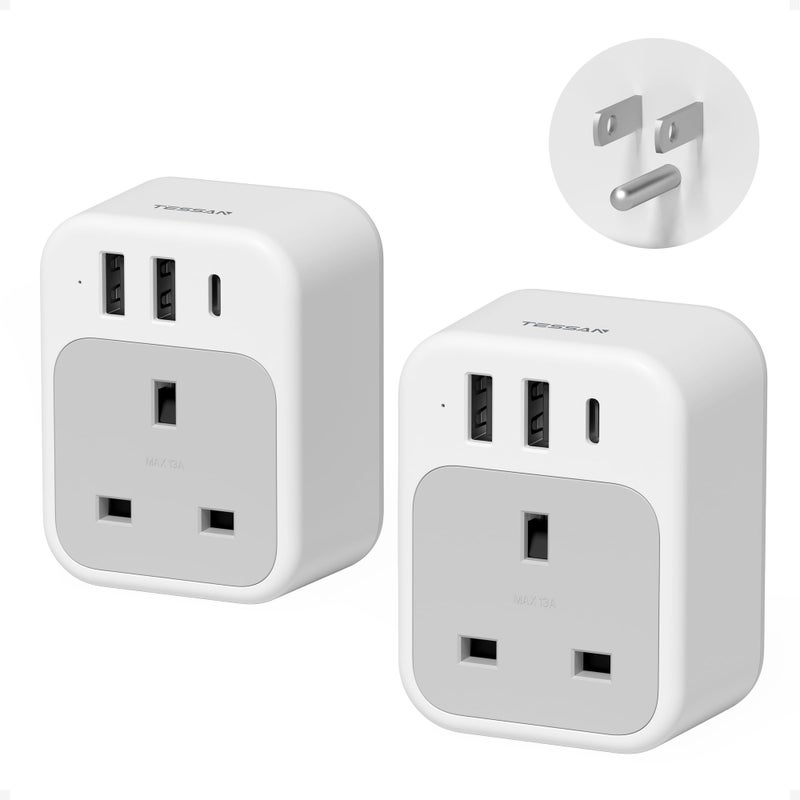 تيسان TESSAN UK to US Plug Adaptor 2 Pack, Type B USA Travel Adapter with USB C - Image 1